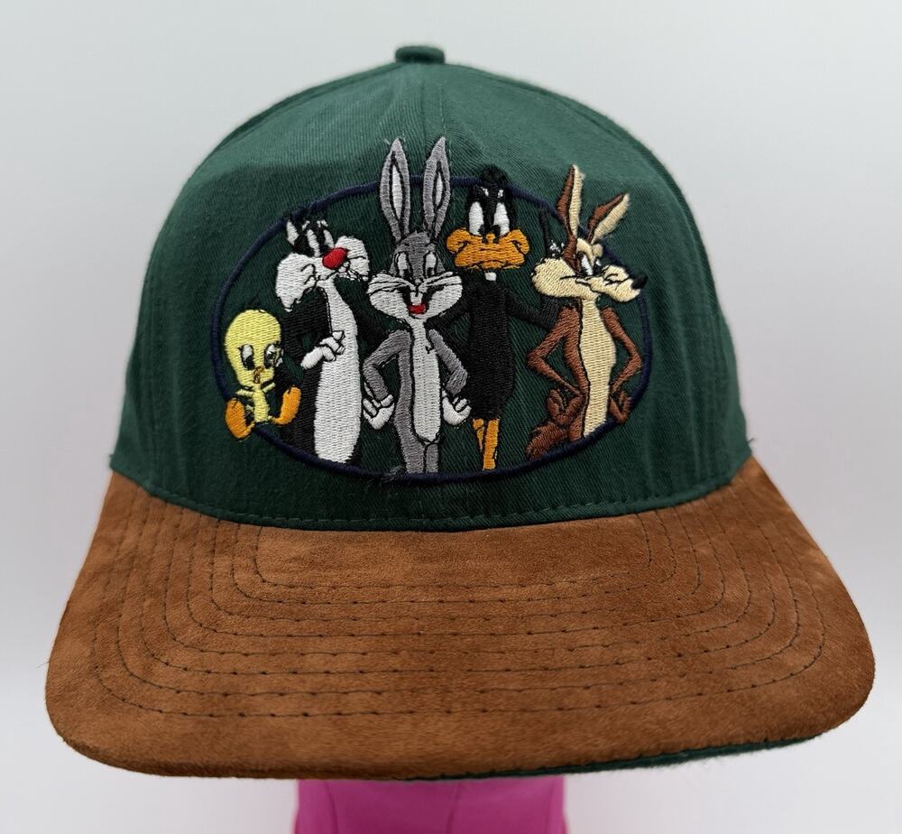 Vtg Acme Looney Tunes Snapback Hat Embroidered Suede Brim 1991 Green Brown